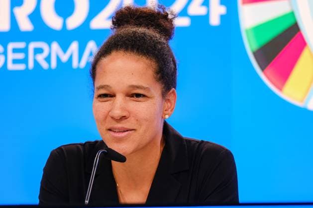 Celia Sasic, (Botschafterin, UEFA EURO, EM, Europameisterschaft,Fussball 2024) laechelnd, GER, Pressekonferenz, UEFA Working Visits EURO 2024, Frankfurt am Main, 16.10.2023, GER, Pressekonferenz, UEFA Working Visits EURO 2024, Frankfurt am Main, 16.10.2023. Frankfurt am Main Copyright: xEibner-Pressefoto FlorianxWieganx EP_FWD