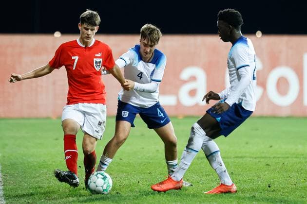 EDITORIAL USE ONLY No use with unauthorised audio, video, data, fixture lists, club league logos or live services. Online in-match use limited to 120 images, no video emulation. No use in betting, games or single club league player publications. Austria U19 v England U19, UEFA European Under-19 Championship Qualifying, Group L, Football, DG Arena, Podgorica, Montenegro - 17 Oct 2023 EDITORIAL USE ONLY No use with unauthorised audio, video, data, fixture lists, club league logos or live services. Online in-match use limited to 120 images, no video emulation. No use in betting, games or single club league player publications. Copyright: xNikolaxKrstic Shutterstockx 14147652ak