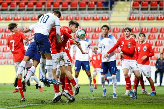 EDITORIAL USE ONLY No use with unauthorised audio, video, data, fixture lists, club league logos or live services. Online in-match use limited to 120 images, no video emulation. No use in betting, games or single club league player publications. Austria U19 v England U19, UEFA European Under-19 Championship Qualifying, Group L, Football, DG Arena, Podgorica, Montenegro - 17 Oct 2023 EDITORIAL USE ONLY No use with unauthorised audio, video, data, fixture lists, club league logos or live services. Online in-match use limited to 120 images, no video emulation. No use in betting, games or single club league player publications. Copyright: xNikolaxKrstic Shutterstockx 14147652am