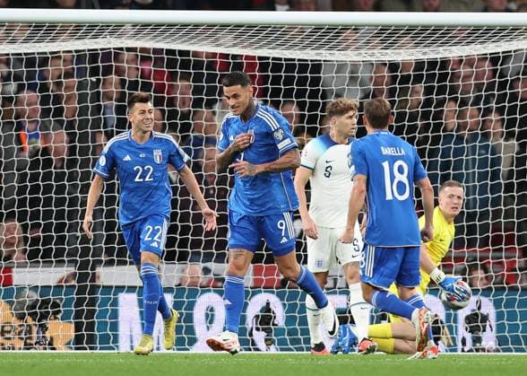 London, England, 17th October 2023. Gianluca Scamacca of Italy celebrates after scoring the opening goal during the UEFA European Championship, EM, Europameisterschaft Qualifying match at Wembley Stadium, London. Picture credit should read: David Klein Sportimage EDITORIAL USE ONLY. No use with unauthorised audio, video, data, fixture lists, club league logos or live services. Online in-match use limited to 120 images, no video emulation. No use in betting, games or single club league player publications. SPI-2649-0035