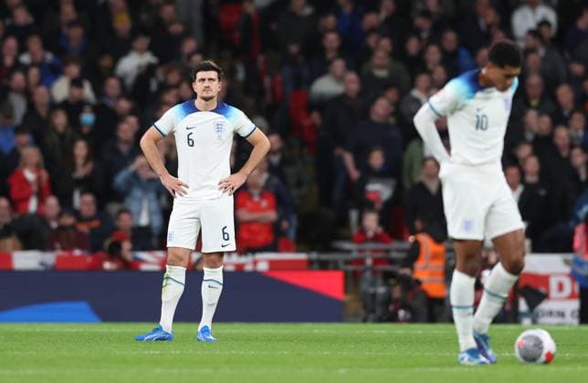 London, England, 17th October 2023. Harry Maguire of England looks dejected after Gianluca Scamacca (not pictured) of Italy scores the opening goal during the UEFA European Championship, EM, Europameisterschaft Qualifying match at Wembley Stadium, London. Picture credit should read: David Klein Sportimage EDITORIAL USE ONLY. No use with unauthorised audio, video, data, fixture lists, club league logos or live services. Online in-match use limited to 120 images, no video emulation. No use in betting, games or single club league player publications. SPI-2649-0040
