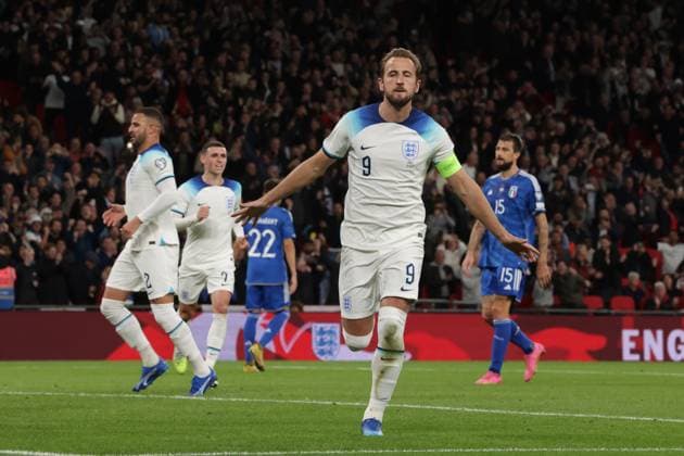 London, England, 17th October 2023. Harry Kane of England celebrates after scoring a first half penalty to level the game at 1-1 during the UEFA European Championship, EM, Europameisterschaft Qualifying match at Wembley Stadium, London. Picture credit should read: Jonathan Moscrop Sportimage EDITORIAL USE ONLY. No use with unauthorised audio, video, data, fixture lists, club league logos or live services. Online in-match use limited to 120 images, no video emulation. No use in betting, games or single club league player publications. SPI-2650-0006