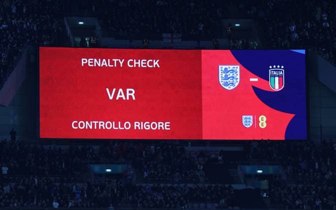 London, England, 17th October 2023. The big screen inside the stadium shows a VAR check before England are awarded a penalty during the UEFA European Championship, EM, Europameisterschaft Qualifying match at Wembley Stadium, London. Picture credit should read: David Klein Sportimage EDITORIAL USE ONLY. No use with unauthorised audio, video, data, fixture lists, club league logos or live services. Online in-match use limited to 120 images, no video emulation. No use in betting, games or single club league player publications. SPI-2649-0069