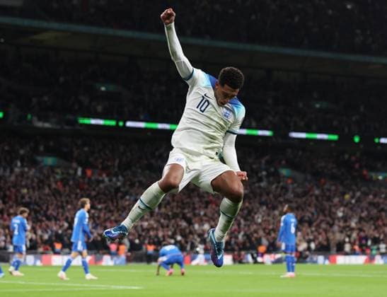 London, England, 17th October 2023. Jude Bellingham of England celebrated after Marcus Rashford of England scores to make it 2-1 during the UEFA European Championship, EM, Europameisterschaft Qualifying match at Wembley Stadium, London. Picture credit should read: David Klein Sportimage EDITORIAL USE ONLY. No use with unauthorised audio, video, data, fixture lists, club league logos or live services. Online in-match use limited to 120 images, no video emulation. No use in betting, games or single club league player publications. SPI-2649-0078