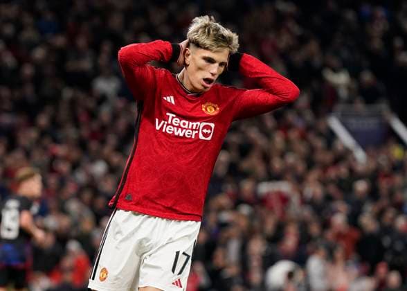 Manchester, England, 24th October 2023. Alejandro Garnacho of Manchester United, ManU reacts after missing a chance to score during the UEFA Champions League match at Old Trafford, Manchester. Picture credit should read: Andrew Yates Sportimage EDITORIAL USE ONLY. No use with unauthorised audio, video, data, fixture lists, club league logos or live services. Online in-match use limited to 120 images, no video emulation. No use in betting, games or single club league player publications. SPI-2672-0077