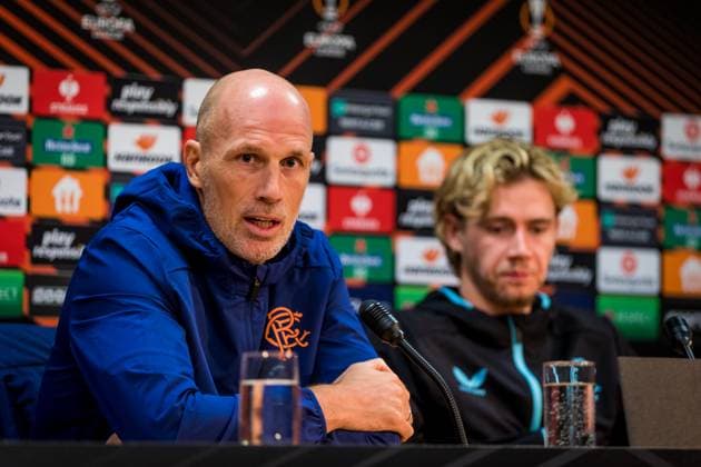 Head Coach Philippe Clement, left, and midfielder Todd Cantwell of Rangers FC (Glasgow) soccer team give the press conference, PK, Pressekonferenz prior to the UEFA Europa League, Group C, 3rd round, match AC Sparta Praha vs Rangers FC, in Prague, Czech Republic, October 25, 2023. (CTKxPhoto JaroslavxSvoboda) CTKPhotoP2023102508223 CTKPhotoP2023102508223