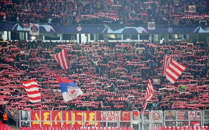 RB Leipzig - Roter Stern Belgrad Champions League Leipzig, 25.10.2023, Red Bull Arena, Fussball , UEFA Champions League, Gruppe G , 3. Spieltag, RB Leipzig vs. Roter Stern Belgrad , Im Bild: Fans von Roter Stern Belgrad. , Foto nur zur redaktionellen Nutzung bestimmt! . , UEFA regulations prohibit any use of photographs as image sequences and or quasi-video ,