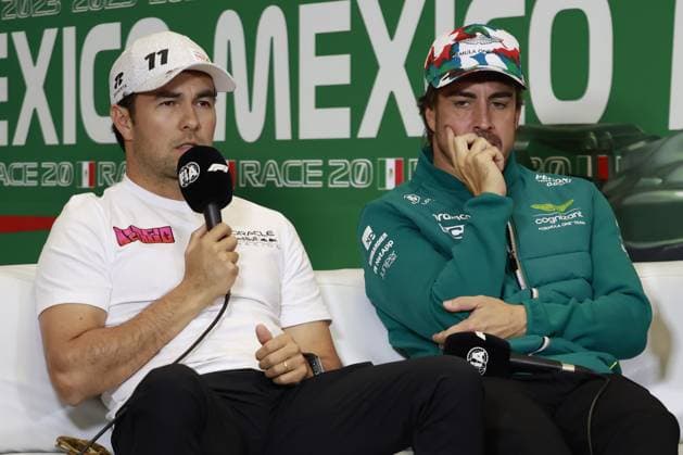 RECORD DATE NOT STATED F1 Grand Prix of Mexico press conference, PK, Pressekonferenz Sergio Perez (11), of Mexico team Oracle Red Bull Racing RB19 Honda RBPT and Fernando Alonso of Spain (14), Aston Martin Formula 1 team during Press Conference preview to the Formula 1 2023 Mexican Grand Prix, at the Autodromo Hermanos Rodriguez, on October 26, 2023. <br><br> Sergio Perez (11), de Mexico Equipo de Oracle Red Bull Racing RB19 Honda RBPs y Fernando Alonso of Spain (14), Aston Martin Formula 1 team durante la conferencia de prensa previo al Gran Pre mio de Mexico de la Formula 1 2023, en el Autodromo Hermanos Rodriguez, el 26 de Octubre de 2023. CIUDAD DE MEXICO CDMX MEXICO Copyright: xUlisesxNaranjox 20231026164916_GP_F1_PRESS_CON_PEREZ28