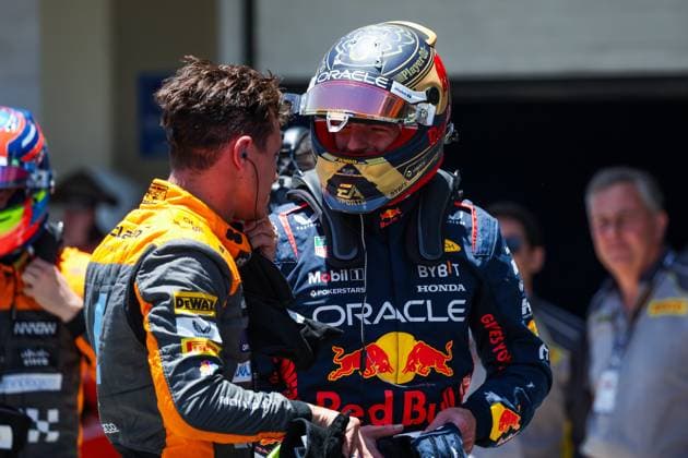 VERSTAPPEN Max (ned), Red Bull Racing RB19, NORRIS Lando (gbr), McLaren F1 Team MCL60, portrait during the 2023 Formula 1 Rolex Grande Premio de Sao Paulo, 20th round of the 2023 Formula One World Championship, WM, Weltmeisterschaft from November 3 to 5, 2023 on the Autodromo Josà Carlos Pace, in Sao Paulo, Brazil - F1 - SAO PAULO GRAND PRIX 2023 DPPI Panoramic 00123044_G0OD1077