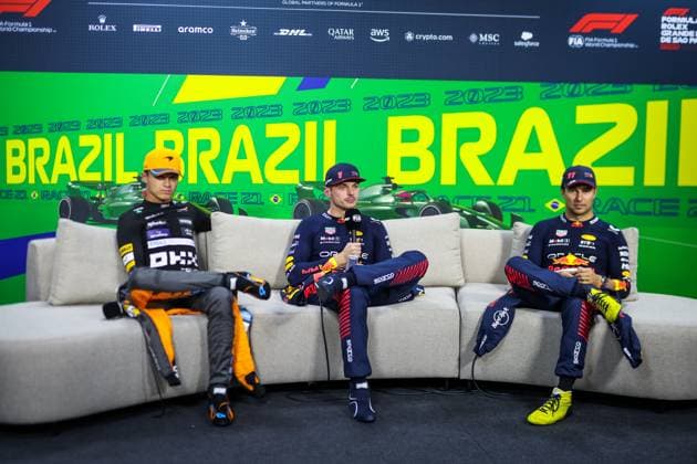 press conference, PK, Pressekonferenz NORRIS Lando (gbr), McLaren F1 Team MCL60, VERSTAPPEN Max (ned), Red Bull Racing RB19, PEREZ Sergio (mex), Red Bull Racing RB19, portrait, during the 2023 Formula 1 Rolex Grande Premio de Sao Paulo, 20th round of the 2023 Formula One World Championship, WM, Weltmeisterschaft from November 3 to 5, 2023 on the Autodromo Josà Carlos Pace, in Sao Paulo, Brazil - F1 - SAO PAULO GRAND PRIX 2023 DPPI Panoramic 00123044_GOOD9026