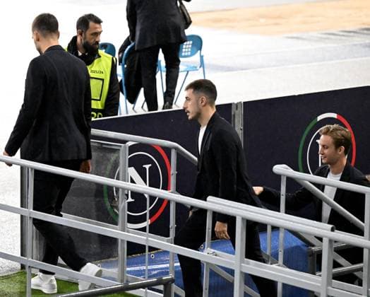Fussball, Herren, Saison 2023 2024, Champions League (Gruppe C, 4. Spieltag), SSC Neapel - 1. FC Union Berlin, Stadionbegehung und Pressekonferenz des 1. FC Union im Stadio Diego Armando Maradona in Neapel am Tag vor dem Spiel , v. l. Rani Khedira (1. FC Union Berlin)0 Josip Juranovic (1. FC Union Berlin), Torwart Frederik Rönnow (1. FC Union), 07.11. 2023, Copyright: xMatthiasxKochx