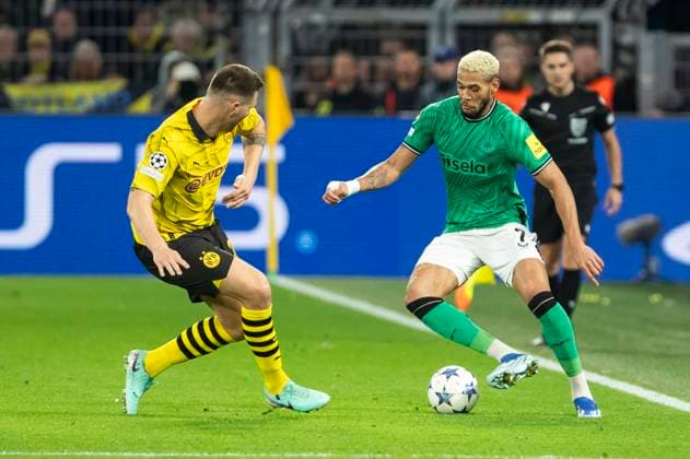 UEFA Champions League, Borussia Dortmund - Newcastle United, 7.11.2023 Joelinton (Newcastle United, 7), Niklas Suele (Borussia Dortmund, 25). UEFA Champions League, Borussia Dortmund - Newcastle United, Vorrunde 4. Spieltag, am 7.11.2023, Signal Iduna Park, Dortmund UEFA regulations prohibit any use of photographs as image sequences and or quasi-video Copyright: xBEAUTIFULxSPORTS Meuselx