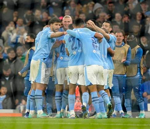 Manchester, England, 7th November 2023. Erling Haaland of Manchester City celebrates his second goal during the UEFA Champions League, Group G match at the Etihad Stadium, Manchester. Picture credit should read: Andrew Yates Sportimage EDITORIAL USE ONLY. No use with unauthorised audio, video, data, fixture lists, club league logos or live services. Online in-match use limited to 120 images, no video emulation. No use in betting, games or single club league player publications. SPI-2717-0067