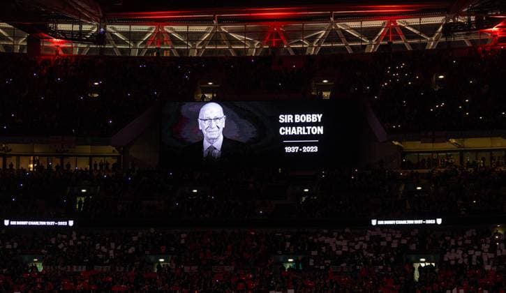 (231118) -- LONDON, Nov. 18, 2023 -- Screen displays an image in honor of late English soccer legend Bobby Charlton prior to the UEFA EURO, EM, Europameisterschaft,Fussball 2024 Group C qualification match between England and Malta in London, Britain on Nov. 17, 2023. FOR EDITORIAL USE ONLY. NOT FOR SALE FOR MARKETING OR ADVERTISING CAMPAIGNS. NO USE WITH UNAUTHORIZED AUDIO, VIDEO, DATA, FIXTURE LISTS, CLUB LEAGUE LOGOS OR LIVE SERVICES. ONLINE IN-MATCH USE LIMITED TO 45 IMAGES, NO VIDEO EMULATION. NO USE IN BETTING, GAMES OR SINGLE CLUB LEAGUE PLAYER PUBLICATIONS. (SP)BRITAIN-LONDON-FOOTBALL-UEFA EURO 2024-QUALIFIERS (Xinhua)