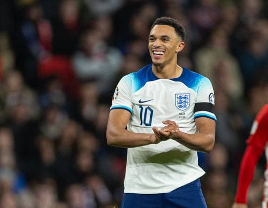 (231118) -- LONDON, Nov. 18, 2023 -- Trent Alexander-Arnold of England reacts during the UEFA EURO, EM, Europameisterschaft,Fussball 2024 Group C qualification match between England and Malta in London, Britain on Nov. 17, 2023. FOR EDITORIAL USE ONLY. NOT FOR SALE FOR MARKETING OR ADVERTISING CAMPAIGNS. NO USE WITH UNAUTHORIZED AUDIO, VIDEO, DATA, FIXTURE LISTS, CLUB LEAGUE LOGOS OR LIVE SERVICES. ONLINE IN-MATCH USE LIMITED TO 45 IMAGES, NO VIDEO EMULATION. NO USE IN BETTING, GAMES OR SINGLE CLUB LEAGUE PLAYER PUBLICATIONS. (SP)BRITAIN-LONDON-FOOTBALL-UEFA EURO 2024-QUALIFIERS (Xinhua)