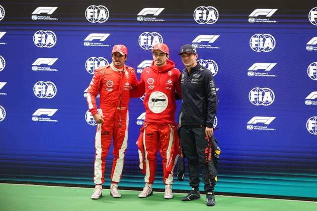 pole position LECLERC Charles (mco), Scuderia Ferrari SF-23, SAINZ Carlos (spa), Scuderia Ferrari SF-23, VERSTAPPEN Max (ned), Red Bull Racing RB19, portrait during the 2023 Formula 1 Heineken Silver Las Vegas Grand Prix, 21th round of the 2023 Formula One World Championship, WM, Weltmeisterschaft from November 17 to 19, 2023 on the Las Vegas Strip Circuit, in Las Vegas, USA - F1 - LAS VEGAS GRAND PRIX 2023 DPPI Panoramic 00123046_AV6_7123