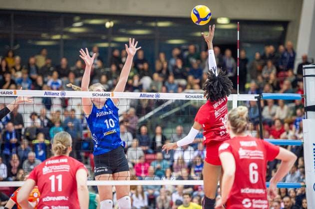 Tia Jimerson (Dresdner SC, 14) vs. Jolien Knollema (Allianz MTV Stuttgart, 10) Allianz MTV Stuttgart - Dresdner SC, Volleyball Bundesliga, Frauen, VBL, Saison 2023 24, 18.11.2023, Stuttgart (SCHARRena), DEU Allianz MTV Stuttgart - Dresdner SC, Sport, Volleyball Bundesliga, Frauen, VBL, Saison 2023 24, 18.11.2023, Stuttgart (SCHARRena), DEU Stuttgart Copyright: xSandyxDinkelackerx EP_SDR