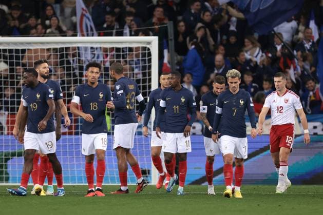 Nice, France, 18th November 2023. Ousmane Dembele of France celebrates with team mates after scoring to give the side a 10-0 lead during the UEFA European Championship, EM, Europameisterschaft Qualifying match at Allianz Riviera Stadium, Nice. Picture credit should read: Jonathan Moscrop Sportimage EDITORIAL USE ONLY. No use with unauthorised audio, video, data, fixture lists, club league logos or live services. Online in-match use limited to 120 images, no video emulation. No use in betting, games or single club league player publications. SPI-2730-0056