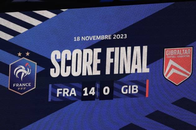 Nice, France, 18th November 2023. The 14-0 final scoreline is seen on the stadium screen after following the final whistle of the UEFA European Championship, EM, Europameisterschaft Qualifying match at Allianz Riviera Stadium, Nice. Picture credit should read: Jonathan Moscrop Sportimage EDITORIAL USE ONLY. No use with unauthorised audio, video, data, fixture lists, club league logos or live services. Online in-match use limited to 120 images, no video emulation. No use in betting, games or single club league player publications. SPI-2730-0061