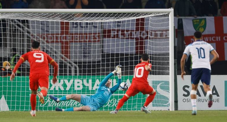 EDITORIAL USE ONLY No use with unauthorised audio, video, data, fixture lists, club league logos or live services. Online in-match use limited to 120 images, no video emulation. No use in betting, games or single club league player publications. North Macedonia v England, UEFA European Championship, EM, Europameisterschaft 2024 Qualifying, Group C, Football, National Arena Tose Proeski, Skopje, North Macedonia - 20 Nov 2023 EDITORIAL USE ONLY No use with unauthorised audio, video, data, fixture lists, club league logos or live services. Online in-match use limited to 120 images, no video emulation. No use in betting, games or single club league player publications. Copyright: xNikolaxKrstic Shutterstockx 14223610cc