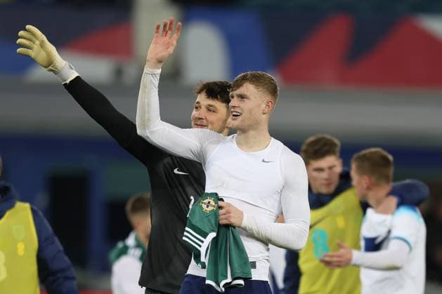 Liverpool, England, 21st November 2023. James Trafford and Jarrad Branthwaite of England U21, U 21 point to the crowd at full time during the UEFA European Under-21 Championship Qualifier match at Goodison Park, Liverpool. Picture credit should read: Gary Oakley Sportimage EDITORIAL USE ONLY. No use with unauthorised audio, video, data, fixture lists, club league logos or live services. Online in-match use limited to 120 images, no video emulation. No use in betting, games or single club league player publications. SPI-2738-0109