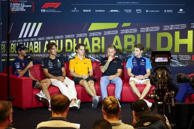 press conference, PK, Pressekonferenz RICCIARDO Daniel (aus), Scuderia AlphaTauri AT04, RUSSELL George (gbr), Mercedes AMG F1 Team W14, PIASTRI Oscar (aus), McLaren F1 Team MCL60, MAGNUSSEN Kevin (den), Haas F1 Team VF-23 Ferrari, SARGEANT Logan (usa), Williams Racing FW45, portrait during the 2023 Formula 1 Etihad Airways Abu Dhabi Grand Prix, 22th round of the 2023 Formula One World Championship, WM, Weltmeisterschaft from November 24 to 26, 2023 on the Yas Marina Circuit, in Abu Dhabi - F1 - ABU DHABI GRAND PRIX 2023 DPPI Panoramic 00123047_G0OD7514