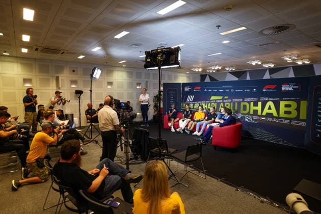 press conference, PK, Pressekonferenz RICCIARDO Daniel (aus), Scuderia AlphaTauri AT04, RUSSELL George (gbr), Mercedes AMG F1 Team W14, PIASTRI Oscar (aus), McLaren F1 Team MCL60, MAGNUSSEN Kevin (den), Haas F1 Team VF-23 Ferrari, SARGEANT Logan (usa), Williams Racing FW45, portrait during the 2023 Formula 1 Etihad Airways Abu Dhabi Grand Prix, 22th round of the 2023 Formula One World Championship, WM, Weltmeisterschaft from November 24 to 26, 2023 on the Yas Marina Circuit, in Abu Dhabi - F1 - ABU DHABI GRAND PRIX 2023 DPPI Panoramic 00123047_GOOD9534