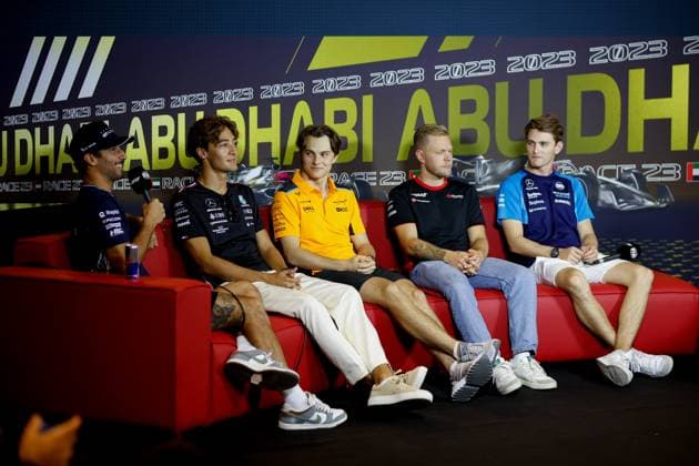3 Daniel Ricciardo (AUS, Scuderia AlphaTauri), 63 George Russell (GBR, Mercedes-AMG Petronas F1 Team), 81 Oscar Piastri (AUS, McLaren F1 Team), 20 Kevin Magnussen (DNK, MoneyGram Haas F1 Team), 2 Logan Sargeant (USA, Williams Racing), F1 Grand Prix of Abu Dhabi at Yas Marina Circuit on November 23, 2023 in Abu Dhabi, United Arab Emirates. (Photo by HOCH ZWEI) Abu Dhabi United Arab Emirates