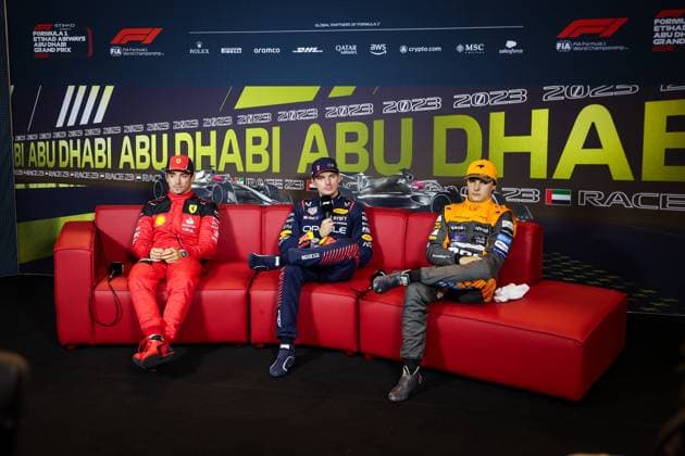 press conference, PK, Pressekonferenz LECLERC Charles (mco), Scuderia Ferrari SF-23, VERSTAPPEN Max (ned), Red Bull Racing RB19, PIASTRI Oscar (aus), McLaren F1 Team MCL60, portrait during the 2023 Formula 1 Etihad Airways Abu Dhabi Grand Prix, 22th round of the 2023 Formula One World Championship, WM, Weltmeisterschaft from November 24 to 26, 2023 on the Yas Marina Circuit, in Abu Dhabi - F1 - ABU DHABI GRAND PRIX 2023 DPPI Panoramic 00123047_GOOD2857