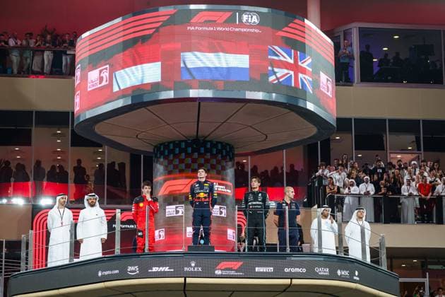 BEN SULAYEM Mohammed (uae), President of the FIA, LECLERC Charles (mco), Scuderia Ferrari SF-23, VERSTAPPEN Max (ned), Red Bull Racing RB19, RUSSELL George (gbr), Mercedes AMG F1 Team W14, portrait, during the 2023 Formula 1 Etihad Airways Abu Dhabi Grand Prix, 22th round of the 2023 Formula One World Championship, WM, Weltmeisterschaft from November 24 to 26, 2023 on the Yas Marina Circuit, in Abu Dhabi - F1 - ABU DHABI GRAND PRIX 2023 - RACE DPPI Panoramic 00123048_G0OD6494