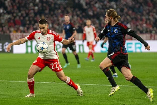 Raphael Guerreio (FC Bayern Muenchen, 22), Rasmus Falk (FC Kopenhagen, 33) GER, FC Bayern Muenchen (FCB) vs. FC Kopenhagen (FCK), Fussball, UEFA Champions League, Vorrunde, 5. Spieltag, Saison 2023 2024, 29.11.2023, DFB DFL regulations prohibit any use of photographs as image sequences and or quasi-video., GER, FC Bayern Muenchen (FCB) vs. FC Kopenhagen (FCK), Fussball, UEFA Champions League, Vorrunde, 5. Spieltag, Saison 2023 2024, 29.11.2023 Muenchen Copyright: xEibner-Pressefoto SaschaxWaltherx EP_EER