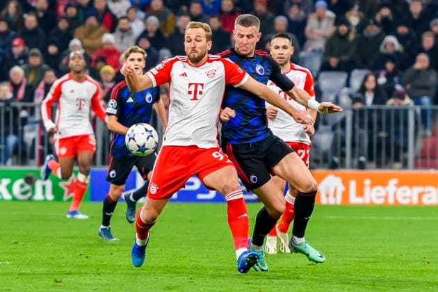 GER, UEFA CL, FC Bayern Muenchen (GER) vs FC Kopenhagen (DNK) 29.11.2023, Allianz Arena, Muenchen, GER, UEFA CL, FC Bayern Muenchen (GER) vs FC Kopenhagen (DNK), Gruppe A, UEFA regulations prohibit any use of photographs as image sequences and or quasi-video, im Bild Harry Kane (FC Bayern 9) im Zweikampf gegen Denis Vavro (FC Kopenhagen 3)