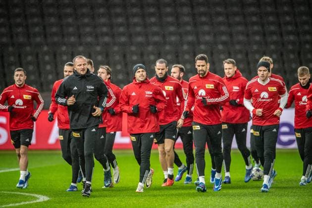 UEFA Champions League: Pressekonferenz und Training 1. FC Union Berlin. Berlin, 11.12.2023 Josip Juranovic (1. FC Union Berlin, 18), Kevin Volland (1. FC Union Berlin, 10), Rani Khedira (1. FC Union Berlin, 8), Robin Gosens (1. FC Union Berlin, 6) UEFA Champions League: Pressekonferenz und Training 1. FC Union Berlin vor dem Spiel 1. FC Union Berlin vs Real Madrid, Olympiastadion, Berlin, 11.12.2023 Copyright: xBEAUTIFULxSPORTS LucianoxLimax