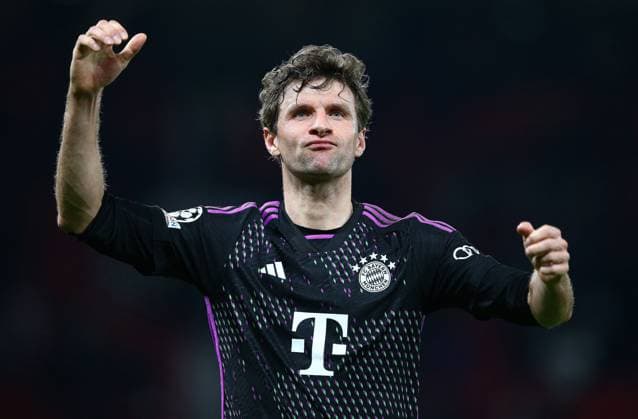 Thomas Müller of Bayern Munich celebrates winning the game at full time Manchester United, ManU v Bayern Munich, UEFA Champions League, Group A, Football, Old Trafford, Manchester, UK - 12 Dec 2023 EDITORIAL USE ONLY No use with unauthorised audio, video, data, fixture lists, club league logos or live services. Online in-match use limited to 120 images, no video emulation. No use in betting, games or single club league player publications. Copyright: xMattxWest Shutterstockx 14254194by
