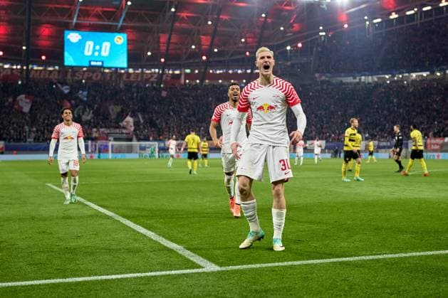 13.12.2023, Fußball, Männer, Champions League, Gruppenphase, 2023 2024, Gruppe G, Spieltag 6, RB Leipzig - BSC Young Boys Bern Benjamin Sesko (30, RB Leipzig), Freisteller, Jubel nach Tor Leipzig Red Bull Arena Sachsen Deutschland