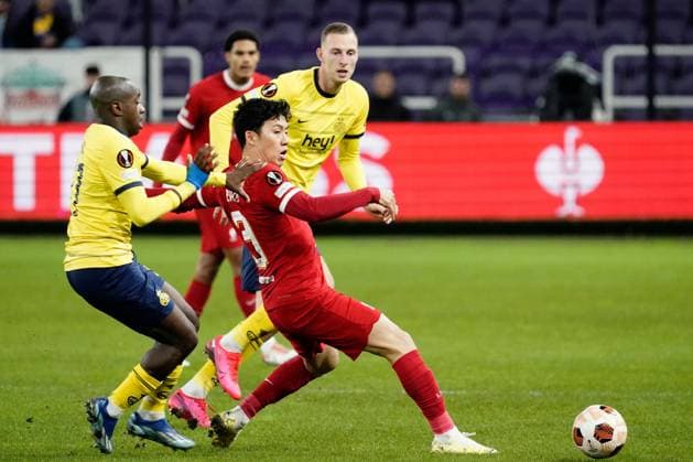 Wataru Endo of Liverpool Union Saint-Gilloise v Liverpool, UEFA Europa League, Group E, Football, Lotto Park, Brussels, Belgium - 14 Dec 2023 EDITORIAL USE ONLY No use with unauthorised audio, video, data, fixture lists, club league logos or live services. Online in-match use limited to 120 images, no video emulation. No use in betting, games or single club league player publications. Copyright: xDavexWinter Shutterstockx 14254246r