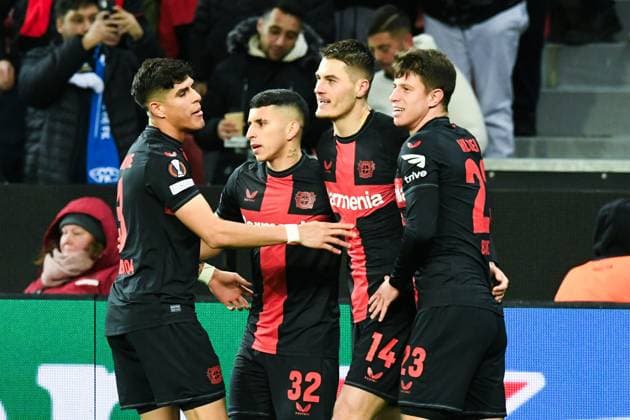 V.l.n.r. Piero Hincapie, Gustavo Puerta, Torschuetze Patrik Schick und Adam Hlozek ( Bayer 04 Leverkusen ) jubeln ueber das Tor zum 1 : 0. GER, Bayer 04 Leverkusen vs Molde FK, Fussball, Europa League, Gruppenphase, 6. Spieltag, Spielzeit 2023 2024, 14.12.2023 DFL REGULATIONS PROHIBIT ANY USE OF PHOTOGRAPHS AS IMAGE SEQUENCES AND OR QUASI-VIDEO GER, Bayer 04 Leverkusen vs Molde FK, Fussball, Europa League, Gruppenphase, 6. Spieltag, Spielzeit 2023 2024, 14.12.2023 Leverkusen Copyright: xEibner-Pressefoto ThomasxThienelx EP_TTL