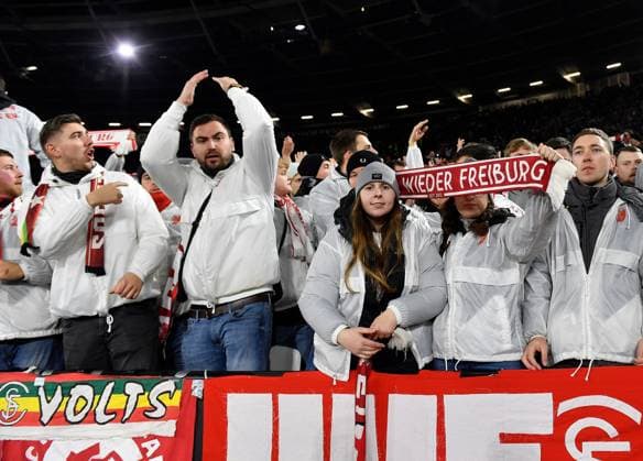 SC Freiberg fans West Ham United v Freiburg, UEFA Europa League, Group A, Football, London Arena, London, UK - 14 Dec 2023 EDITORIAL USE ONLY No use with unauthorised audio, video, data, fixture lists, club league logos or live services. Online in-match use limited to 120 images, no video emulation. No use in betting, games or single club league player publications. Copyright: xAlanxWalter Shutterstockx 14254269r