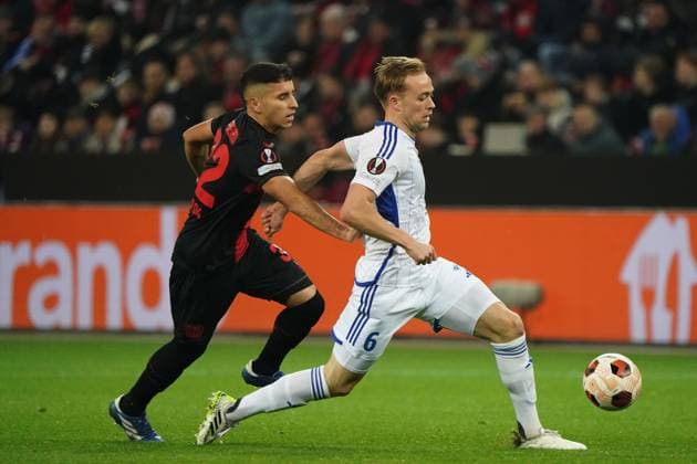 Fussball, UEFA Europa League 2023 2024, Gruppenphase , Gruppen H, Spieltag 6, Bayer 04 Leverkusen - Molde FK, 14.12.2023, Bayarena Leverkusen, Gustavo Pueta, Bayer 04 Leverkusen , Martin Ellingsen Molde FK