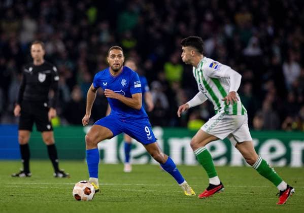 Rangers Forward Cyriel Dessers during the Europa League Group C match at the Estadio Benito Villamarin, Seville. Real Betis v Rangers, UEFA Europa League, Group C, Football, Benito VillamaroÆ?Ã?Ân Stadium, Seville, Spain - 14 Dec 2023 EDITORIAL USE ONLY No use with unauthorised audio, video, data, fixture lists, club league logos or live services. Online in-match use limited to 120 images, no video emulation. No use in betting, games or single club league player publications. Copyright: xKirkxO Rourke RangersxFC Shutterstockx 14257803bs