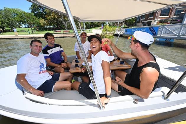 TENNIS AUSTRALIA BRISBANE RIVER, Australian tennis players (left to right) Christopher O Connell, Aleksandar Vukic, Alexei Popyrin, Max Purcell, Rinky Hijikata and Thanasi Kokkinakis are seen during a GoBoat ride on the Brisbane River ahead of the Brisbane International tennis tournament, in Brisbane, Thursday, December 28, 2023. ( NO ARCHIVING, EDITORIAL USE ONLY, NO USE IN BOOKS WITHOUT CONSENT BRISBANE QUEENSLAND AUSTRALIA Copyright: xDARRENxENGLANDx 20231228001882587672