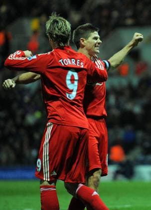 Steven Gerrard of Liverpool celebrates with Fernando Torres of Liverpool after laying on the second goal Steven Gerrard of Liverpool celebrates with Fernando Torres of Liverpool after laying on the second goal..EON FA Cup 3rd Round..Preston North End v Liverpool..3rd January, 2009.(Credit Image: PHOTOGRAPHER Sportimage Cal Media) UK EDITORIAL USE ONLY Copyright: xx SimonxBellisx csmphoto197706