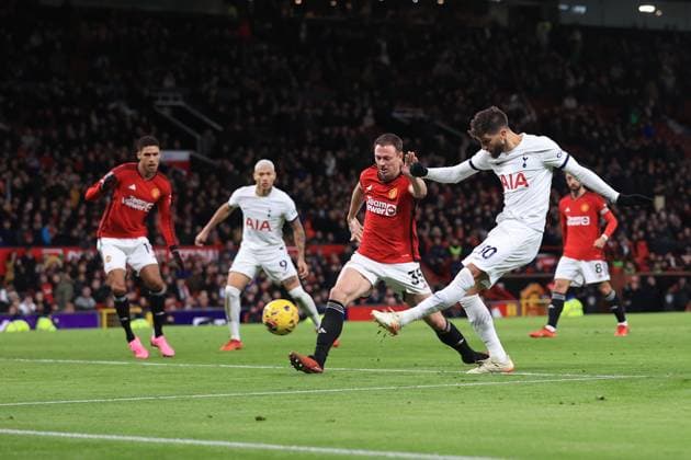Manchester United, ManU v Tottenham Hotspur 14 January 2024 - Premier League - Manchester United v Tottenham Hotspur - Rodrigo Bentancur of Tottenham Hotspur scoring the second equalising goal for his team (2-2) - Photo: Simon Stacpoole Offside. Manchester UK Copyright: xSimonxStacpoolexOffside
