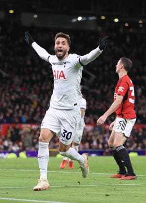 Manchester United, ManU v Tottenham Hotspur 14 January 2024 - Premier League - Manchester United v Tottenham Hotspur - Rodrigo Bentancur of Tottenham Hotspur celebrates after scoring the second equalising goal for his team (2-2) - Photo: Simon Stacpoole Offside. Manchester UK Copyright: xSimonxStacpoolexOffside