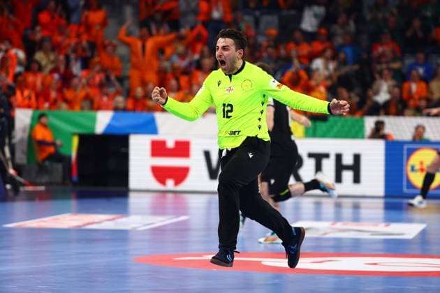 Zurab Tsintsadze (Georgien) jubelt Bosnien-Herzegowina vs Georgien, Handball, Maenner, EHF Euro 2024, Gruppe E, 3. Spieltag, 15.01.2024 Bosnien-Herzegowina vs Georgien, Handball, Maenner, EHF Euro 2024, Gruppe E, 3. Spieltag, 15.01.2024 Mannheim Copyright: xEibner-Pressefotox EP_RWS