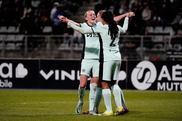 Mia Fishel of Chelsea is congratulated by Aggie Beever Jones of Chelsea after she heads her side 2-0 ahead Paris FC Feminines v Chelsea Women, Football, UEFA Women s Champions League, Group D, Stade Charlety, Paris, France - 30 Jan 2024 EDITORIAL USE ONLY No use with unauthorised audio, video, data, fixture lists, club league logos or live services. Online in-match use limited to 120 images, no video emulation. No use in betting, games or single club league player publications. Copyright: xDavexWinter Shutterstockx 14324140bj