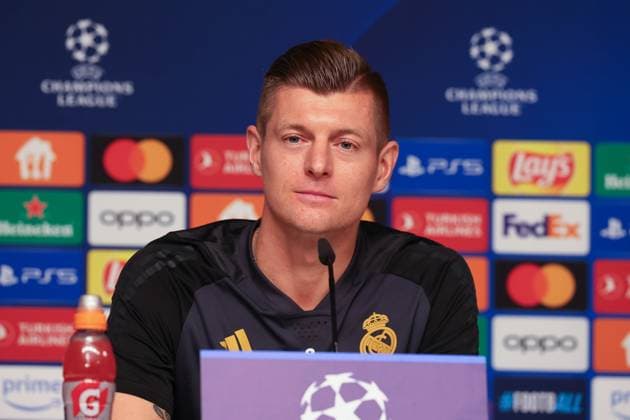 Pressekonferenz Real Madrid UEFA Champions League Leipzig, 12.02.2024, Red Bull Arena, Fußball, Männer, Saison 2023 2024, UEFA Champions League, Achtelfinale, Pressekonferenz Real Madrid , Im Bild: Toni Kroos (8, Real) ,