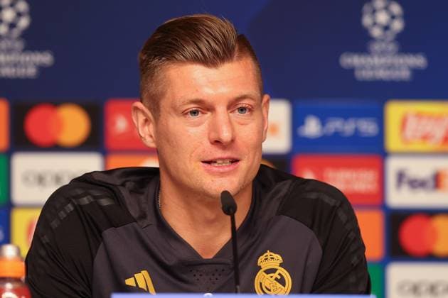 Pressekonferenz Real Madrid UEFA Champions League Leipzig, 12.02.2024, Red Bull Arena, Fußball, Männer, Saison 2023 2024, UEFA Champions League, Achtelfinale, Pressekonferenz Real Madrid , Im Bild: Toni Kroos (8, Real) ,