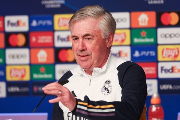 Pressekonferenz Real Madrid UEFA Champions League Leipzig, 12.02.2024, Red Bull Arena, Fußball, Männer, Saison 2023 2024, UEFA Champions League, Achtelfinale, Pressekonferenz Real Madrid , Im Bild v.l.: Trainer Carlo Ancelotti, Real Madrid ,
