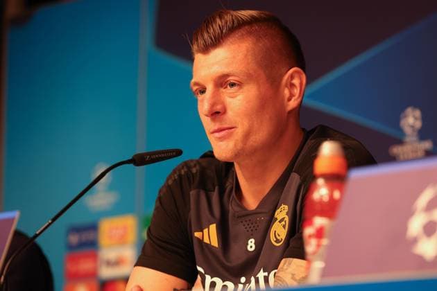 Pressekonferenz Real Madrid UEFA Champions League Leipzig, 12.02.2024, Red Bull Arena, Fußball, Männer, Saison 2023 2024, UEFA Champions League, Achtelfinale, Pressekonferenz Real Madrid , Im Bild: Toni Kroos (8, Real) ,